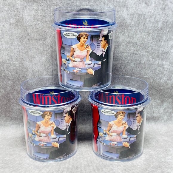 Vintage Winston 14oz Thermo-Serv Tumblers Retro Advertising Design Set of 3 - Picture 1 of 11